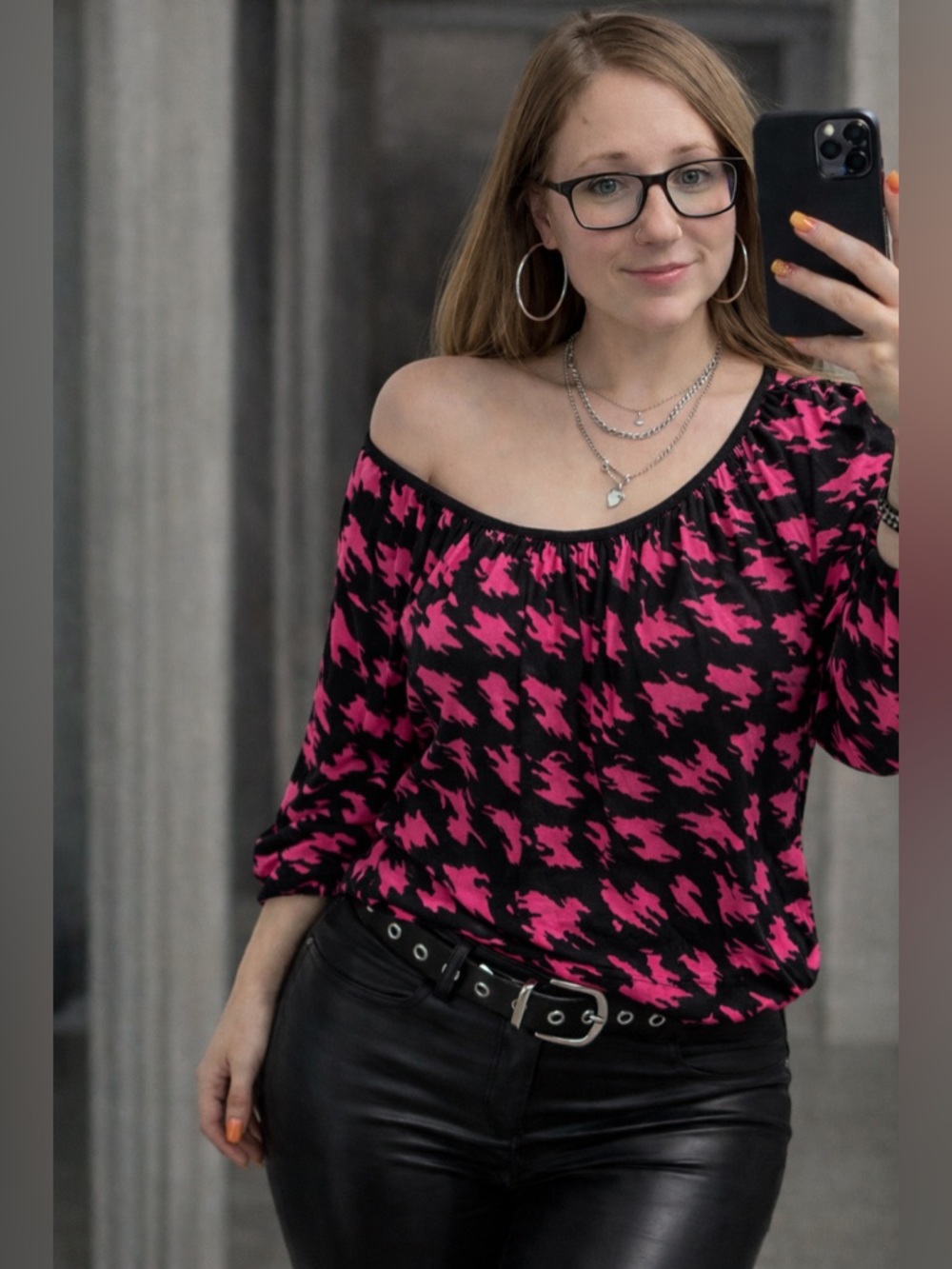 Michael Kors Pink & Black Houndstooth Blouse